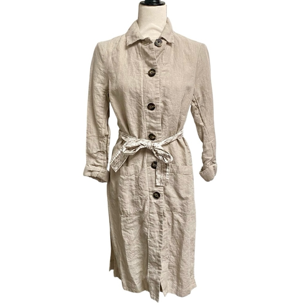 J. Jill Love Linen Shirt Dress XS 100% Linen Beige Button Front Belted Midi - Picture 2 of 12